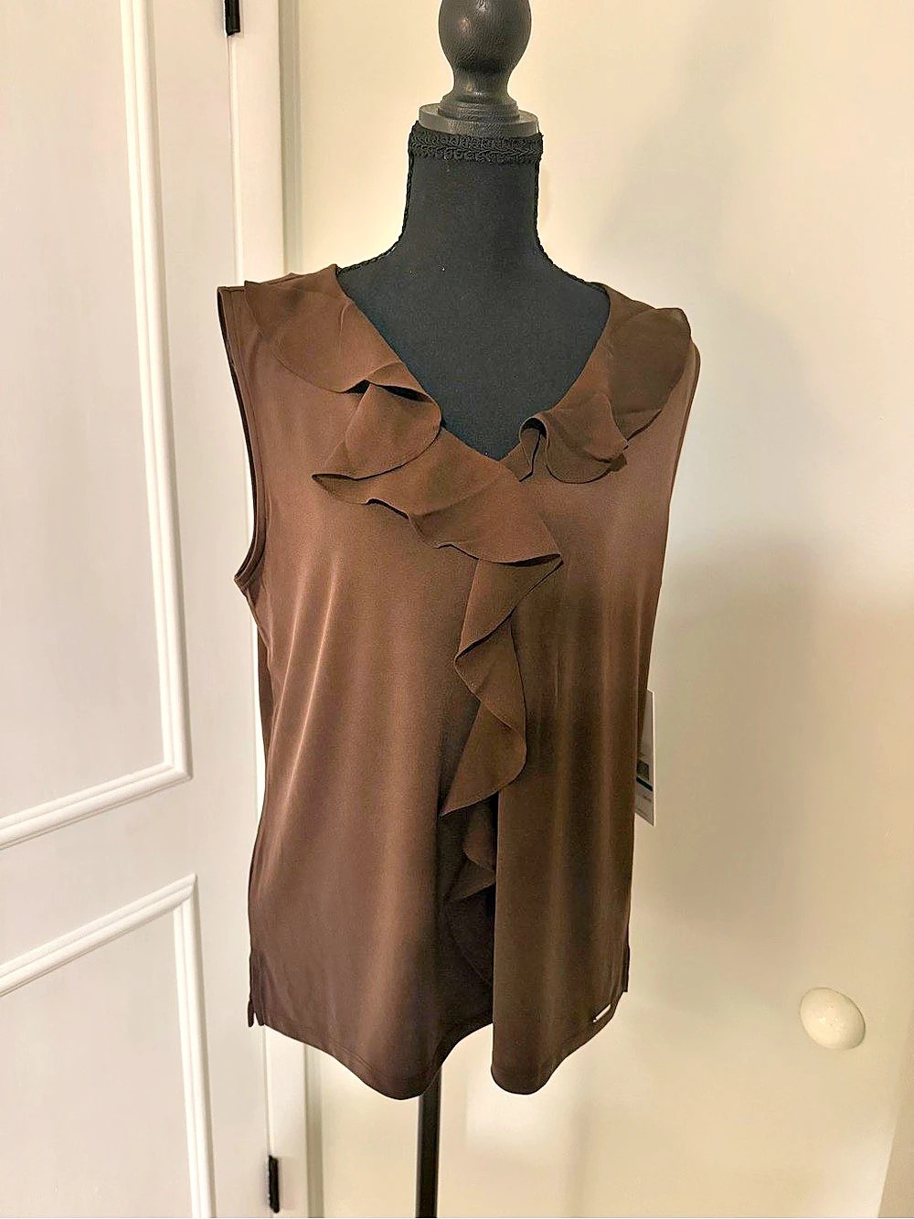 Calvin Klein Ruffle Sleeveless Blouse in Brown